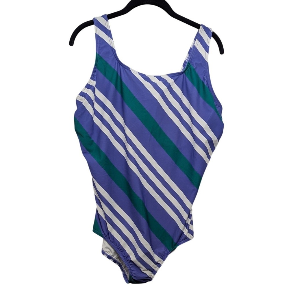 Lands End One Piece Swimsuit Women 18W Purple Stripe New No Tag Scoop Neck V3388